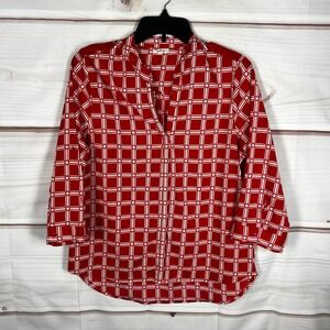 Antilia Femme Blouse Womens Medium Red Plaid 3/4 Sleeve V-Neck Pullover‎ Woven